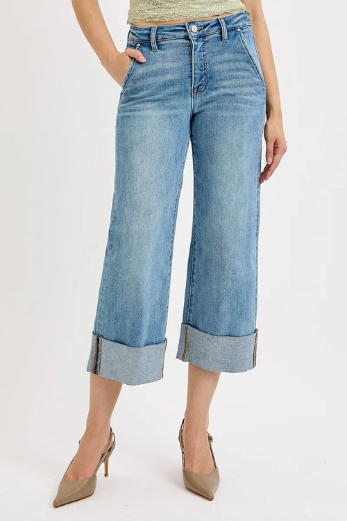 Hazel Blues® | RISEN Tummy Control High Rise Ankle Wide Cuffed Jeans