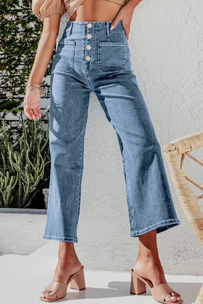 Hazel Blues® |  Button Fly Cropped Wide Leg Jeans