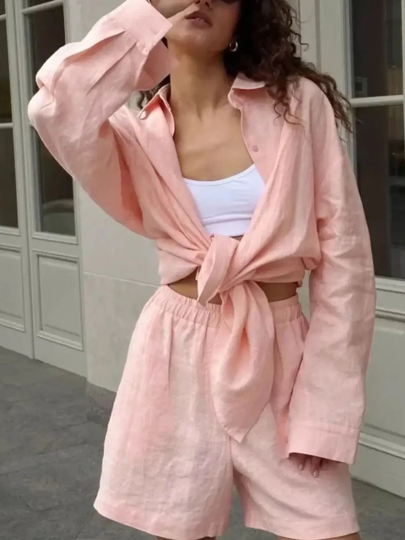 Hazel Blues® |  Button Up Long Sleeve Shirt and Shorts Set