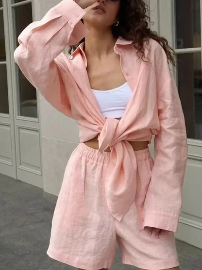 Hazel Blues® |  Button Up Long Sleeve Shirt and Shorts Set