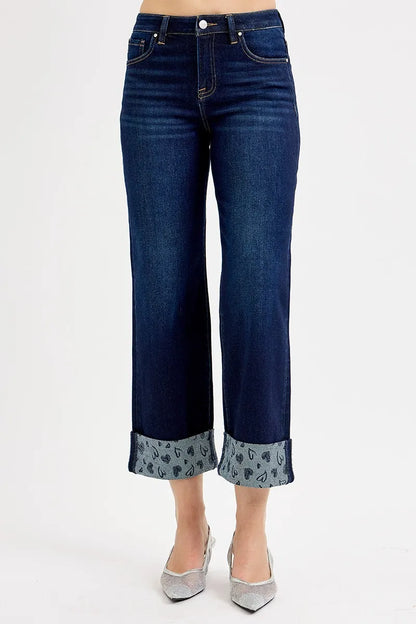 Hazel Blues® | RISEN Mid Rise Fit Crop Wide With Printed Cuff Jeans