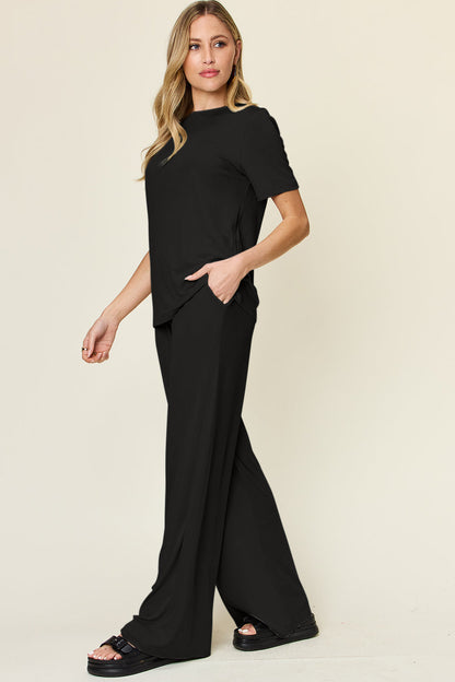 Hazel Blues® |  Double Take Round Neck Short Sleeve T-Shirt and Wide Leg Pants Set