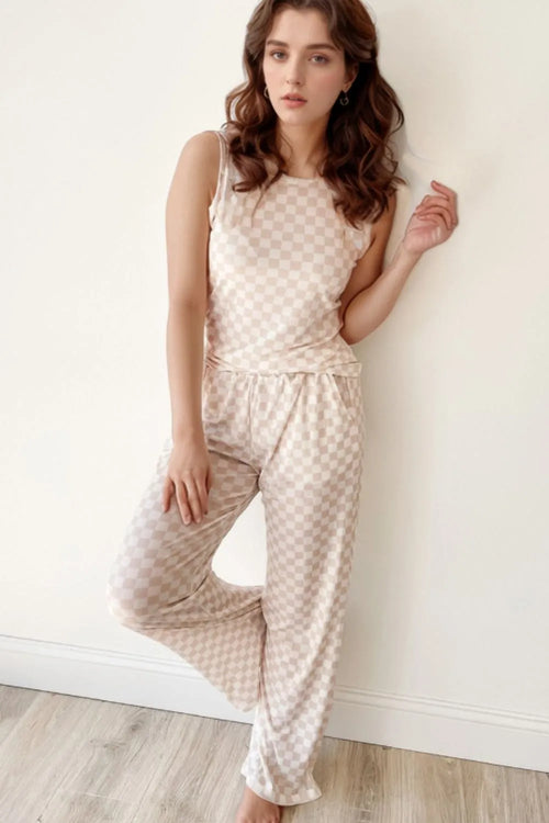 Hazel Blues® |  Ribbed Texture Checkered Print Tank and Pants Set