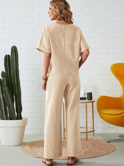 Hazel Blues® |  Round Neck Half Sleeve Top and Pocketed Pants Set