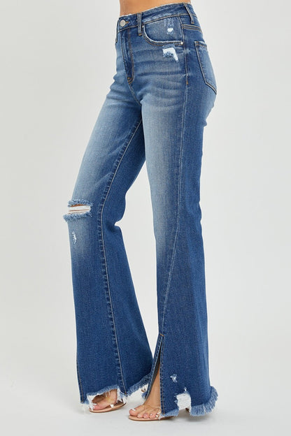 Hazel Blues® |  RISEN High Rise Front Slit Frayed Hem Flare Jeans