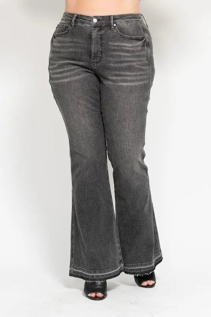 Hazel Blues® | Judy Blue Mid Rise Tummy Control Washed Gray Release Hem Flare Jeans