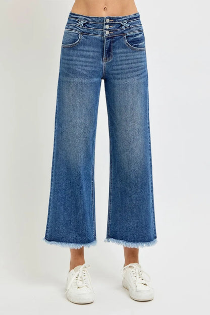 Hazel Blues® |  RISEN High Rise Crop Wide Leg Jeans with Wide Band Detail