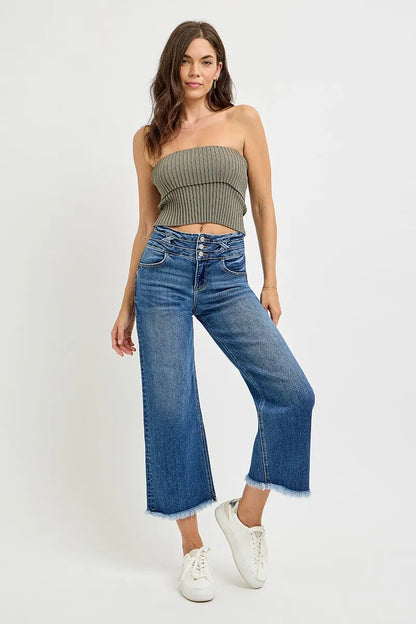 Hazel Blues® |  RISEN High Rise Crop Wide Leg Jeans with Wide Band Detail