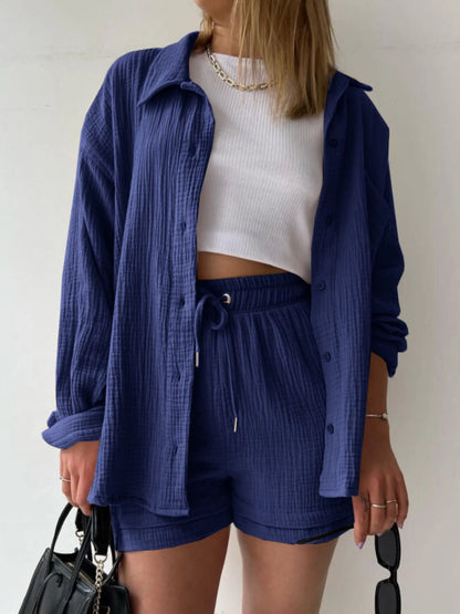 Hazel Blues® |  Textured Button Up Shirt and Shorts Set