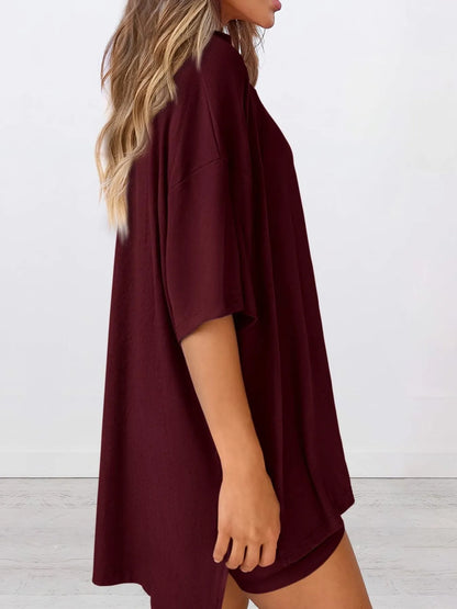 Hazel Blues® | Oversized Slit Round Neck Top and Shorts Lounge Set