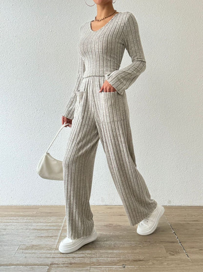 Hazel Blues® |  Ribbed V-Neck Long Sleeve Top and Pocketed Pants Set
