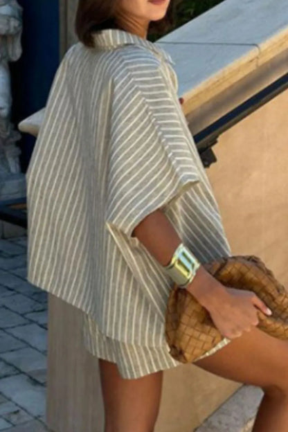 Hazel Blues® |  Striped Linen Shirt and Shorts Two-Piece Summer Set