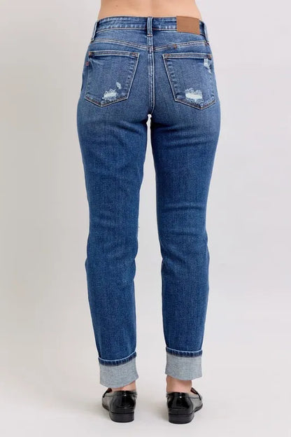 Hazel Blues® | Judy Blue Mid Rise Boyfriend destroy Jeans with Yoke Pockets and Faux Selvedge Cuff