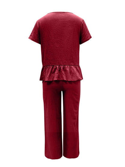 Hazel Blues® |  Peplum Round Neck Short Sleeve Top and Pants Set