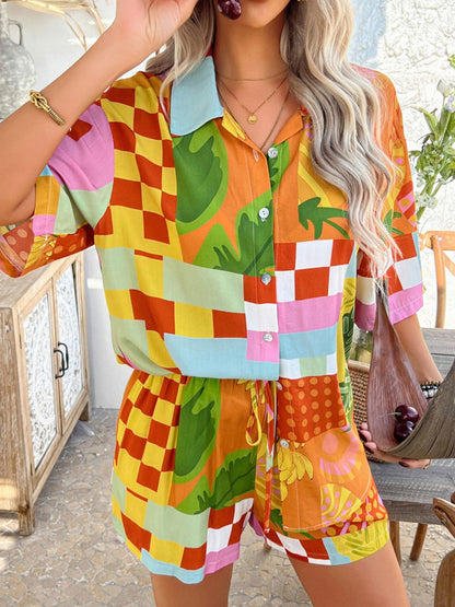 Hazel Blues® |  Devine Printed Collared Neck Half Sleeve Top and Shorts Set