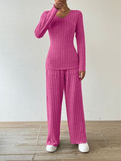 Hazel Blues® |  Ribbed V-Neck Long Sleeve Top and Pocketed Pants Set
