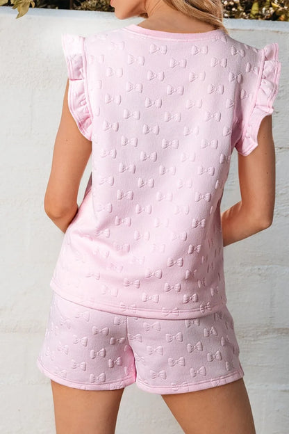 Hazel Blues® |  Bow Jacquard Ruffle Cap Sleeve Top and Shorts Set