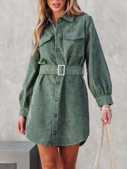 Hazel Blues® |  Button Front Belt Long Sleeve Corduroy Dress
