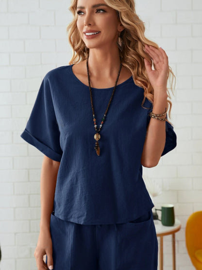 Hazel Blues® |  Round Neck Half Sleeve Top and Pocketed Pants Set
