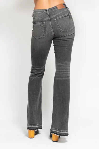 Hazel Blues® | Judy Blue Mid Rise Tummy Control Washed Gray Release Hem Flare Jeans