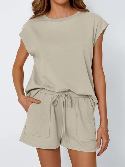 Hazel Blues® |  Round Neck Cap Sleeve Top and Shorts Set