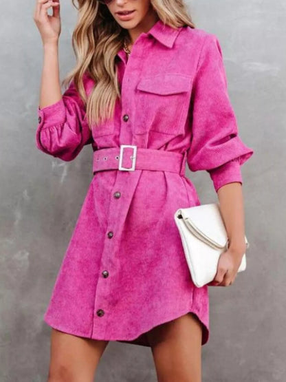 Hazel Blues® |  Button Front Belt Long Sleeve Corduroy Dress
