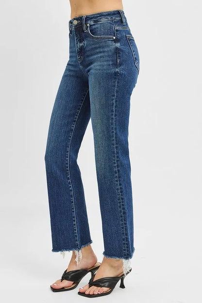 Hazel Blues® |  RISEN Tummy Control High Rise Crop Straight Raw Cut Hem Jeans