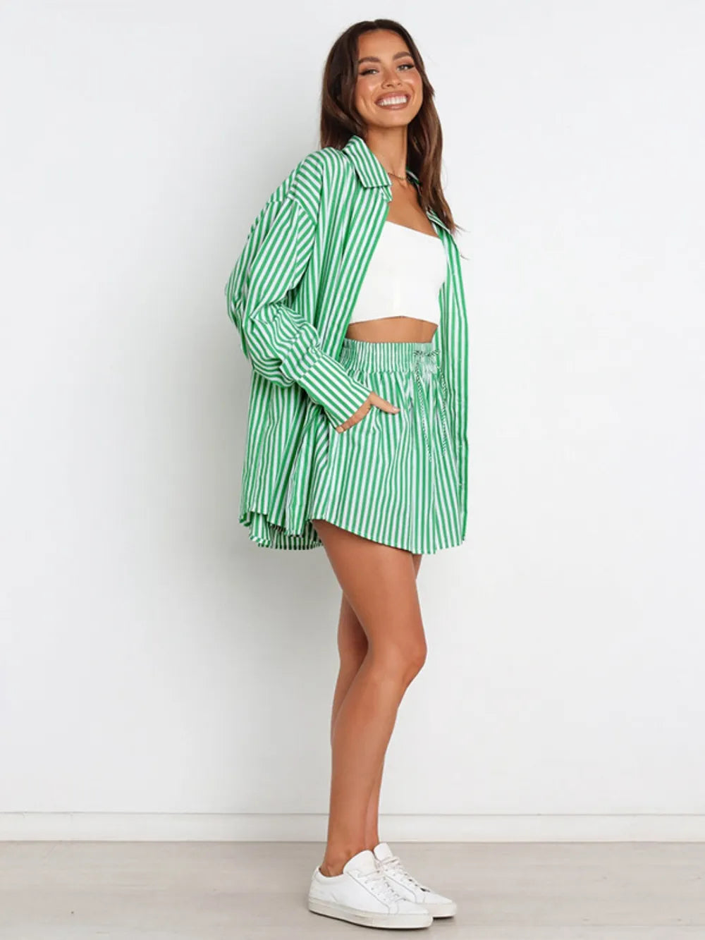 Hazel Blues® |  Striped Dropped Shoulder Shirt and Shorts Set