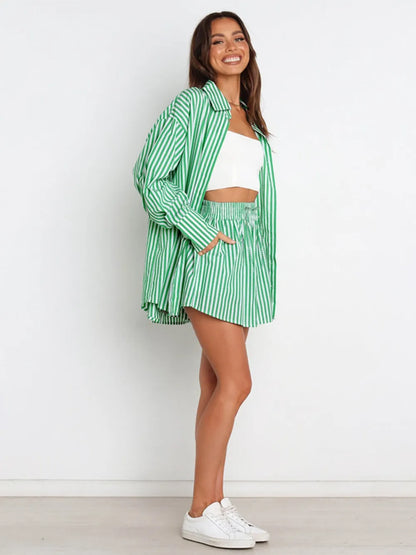 Hazel Blues® |  Striped Dropped Shoulder Shirt and Shorts Set