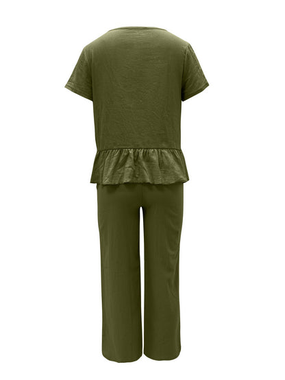 Hazel Blues® |  Peplum Round Neck Short Sleeve Top and Pants Set