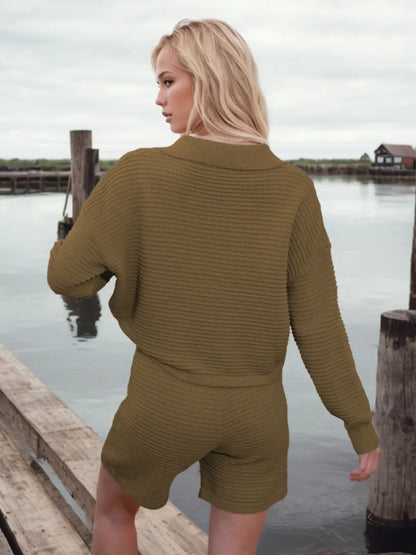 Hazel Blues® |  Johnny Collar Long Sleeve Top and Shorts Sweater Set