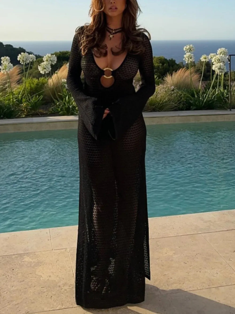 Hazel Blues® |  Slit Plunge Flare Sleeve Cover-Up Dress
