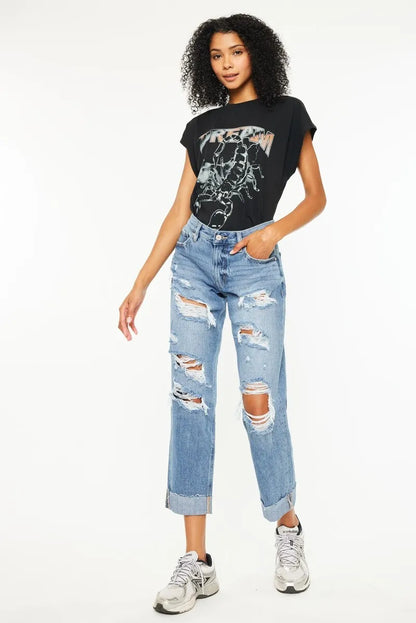 Hazel Blues® |  Kancan Mid Rise Distressed Boyfriend Fit Jeans