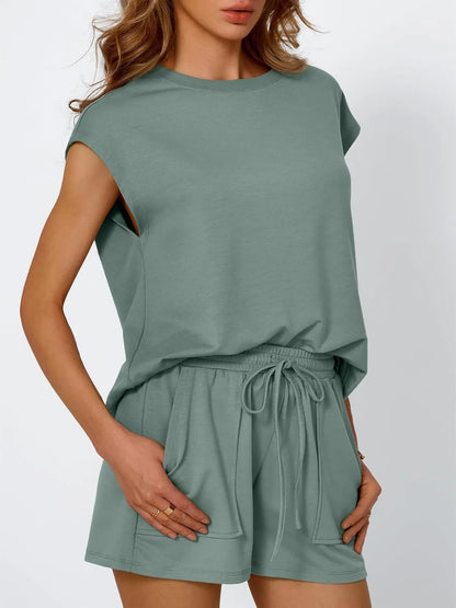 Hazel Blues® |  Round Neck Cap Sleeve Top and Shorts Set