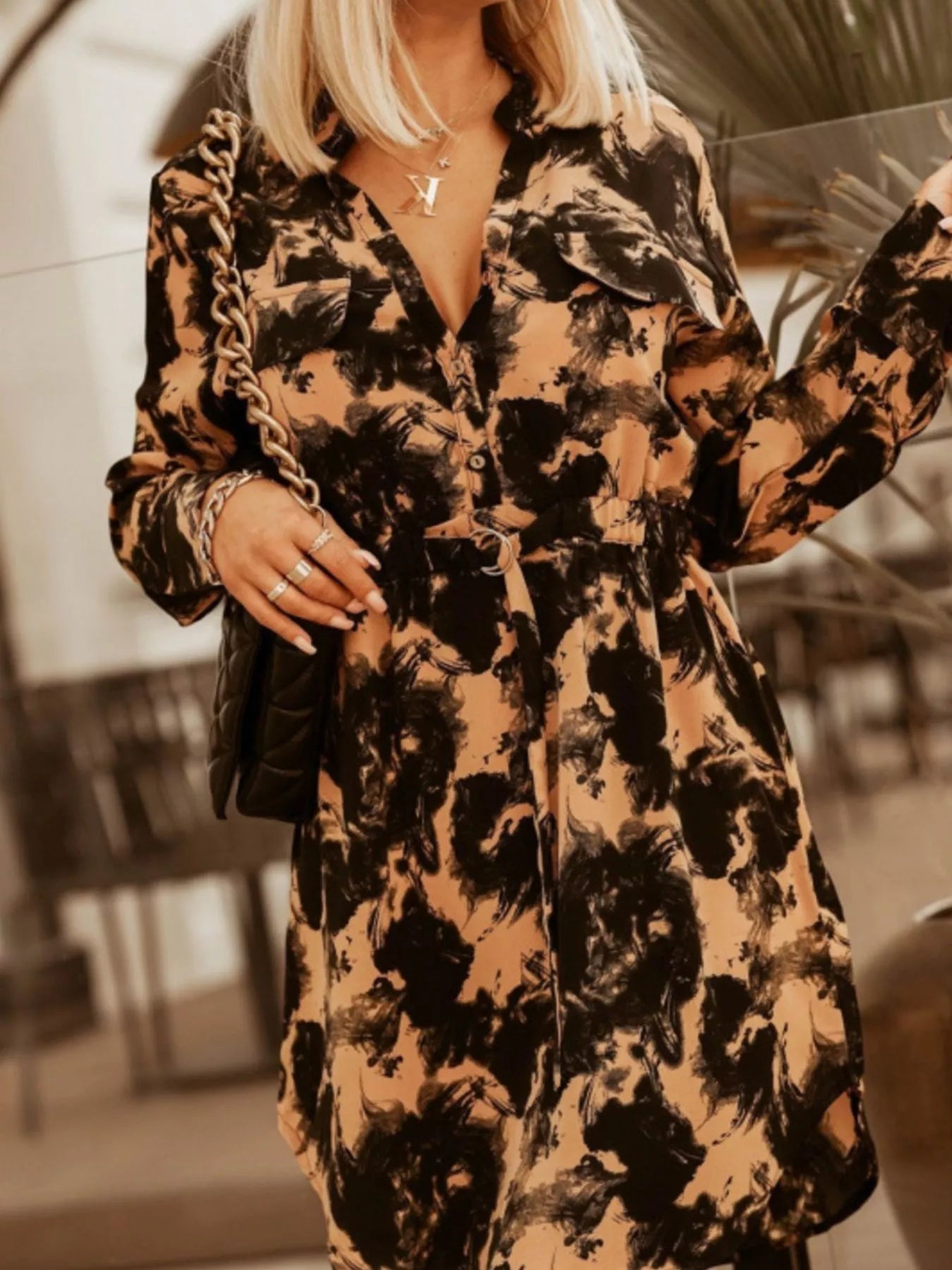 Hazel Blues® |  Printed Button Front Long Sleeve Dress