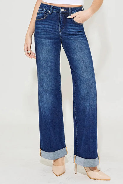 Hazel Blues® | RISEN Tummy Control High Rise Wide Leg Cuffed Jeans