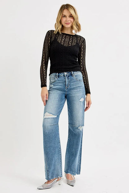 Hazel Blues® | RISEN Mid Rise Fit Wide Baggy Leg Tie Washed Jeans