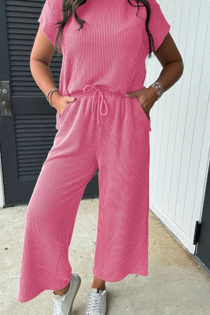 Hazel Blues® |  Corded Knit Short Sleeve T-Shirt and Wide Leg Pants Set