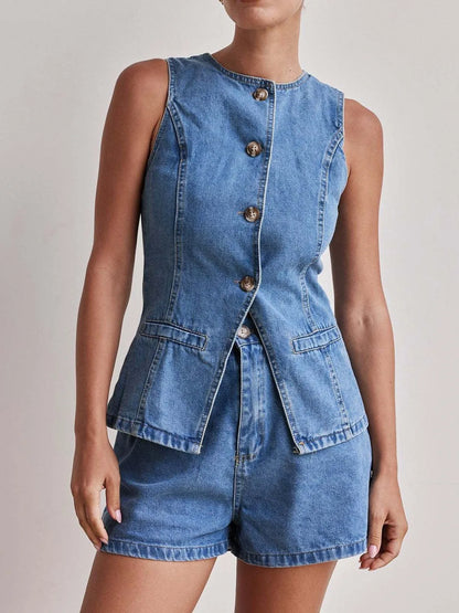 Hazel Blues® |  Button Down Vest and Shorts Denim Set