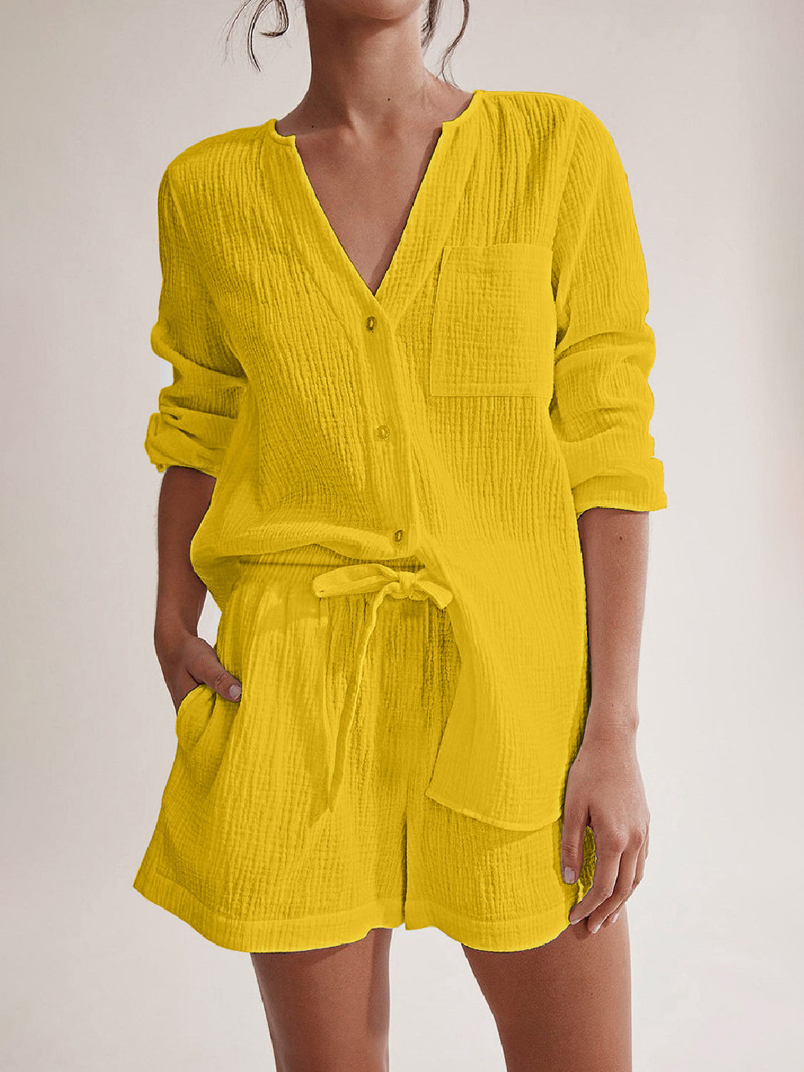 Hazel Blues® |  Notched Long Sleeve Top and Shorts Set