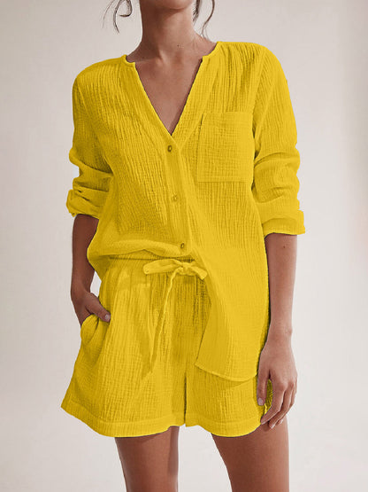 Hazel Blues® |  Notched Long Sleeve Top and Shorts Set
