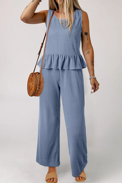 Hazel Blues® |  Color Ribbed Ruffle Tank Top and Pants Set