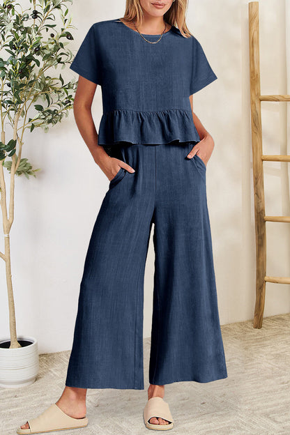 Hazel Blues® |  Peplum Round Neck Short Sleeve Top and Pants Set