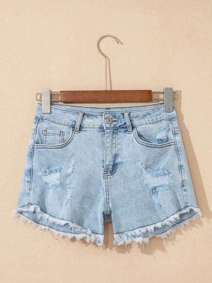 Hazel Blues® |  High Rise Distressed Raw Hem Denim Shorts