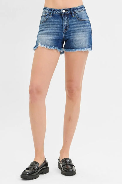 Hazel Blues® | RISEN Low Rise Frayed Denim Shorts