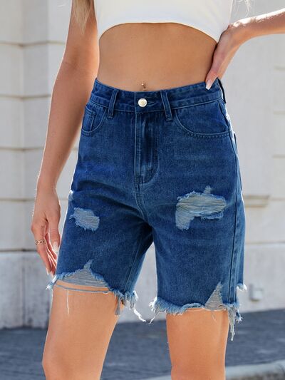 Hazel Blues® |  Distressed Raw Hem Denim Shorts