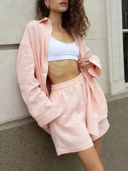 Hazel Blues® |  Button Up Long Sleeve Shirt and Shorts Set