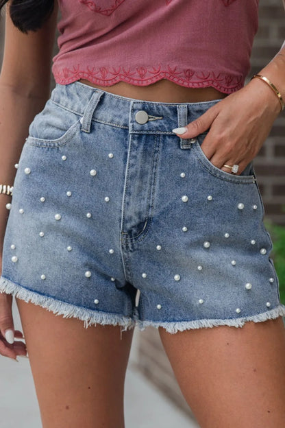 Hazel Blues® |  Pearl Beaded Raw Hem Wash Denim Shorts