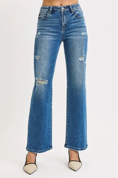 Hazel Blues® | RISEN High Rise Ankle Straight Front Body Distressed Jeans