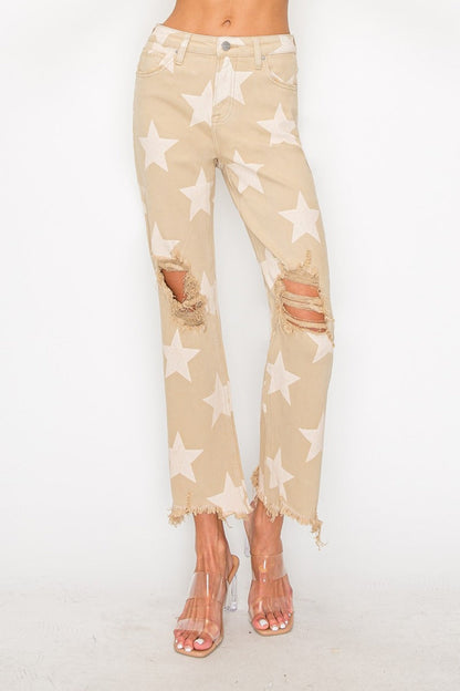 Hazel Blues® |  RISEN High Rise Star Printed Frayed Hem Jeans